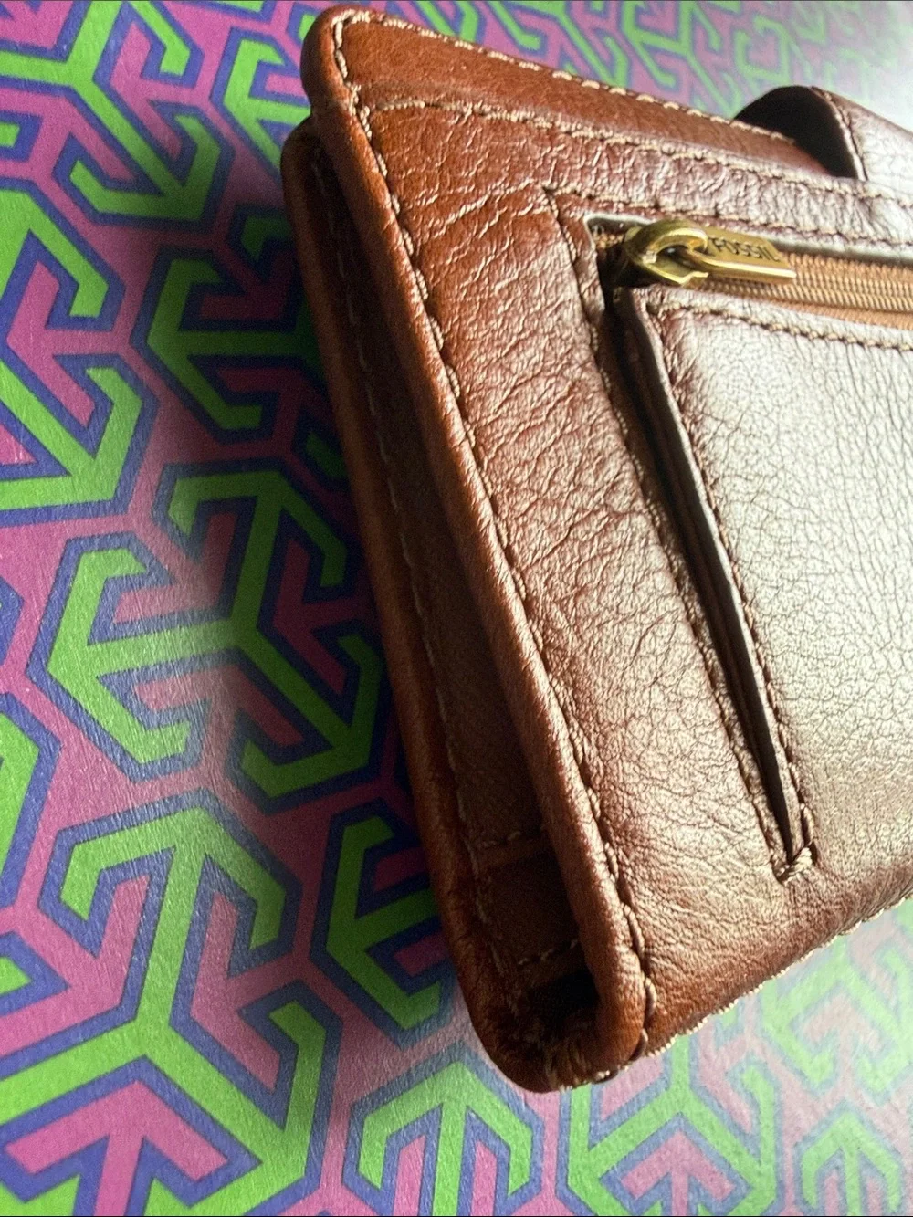 Fossil Warm Brown Leather Snap Wallet with Gold Logo
